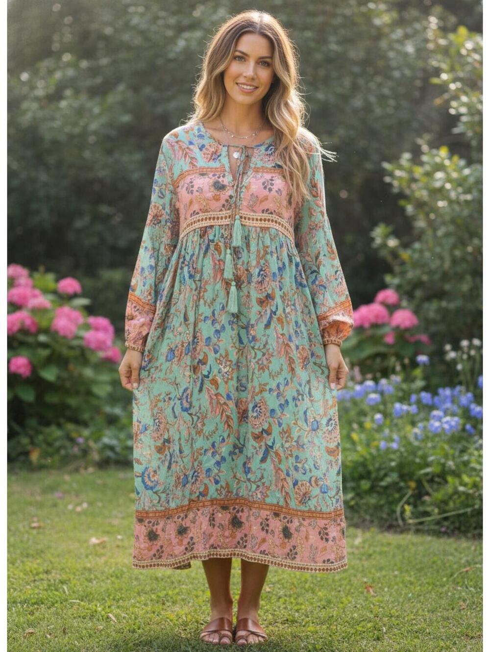 R. Vivimos Bohemian Floral Print Long Sleeve Midi Dress XL